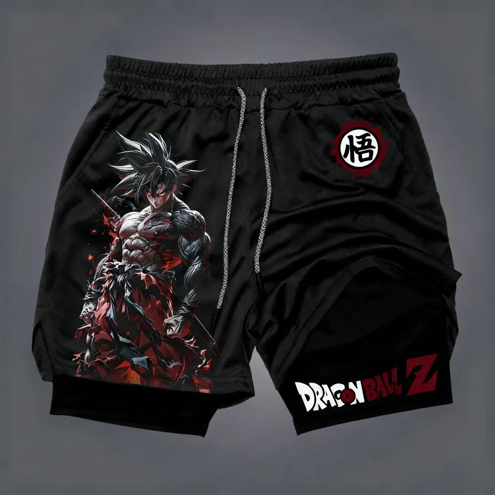 Dragon Ball Herren-Shorts mit doppelter Schicht, Son Goku, Sommer, japanischer Anime, gefälschte zweiteilige Sport-Fitness-Shorts, schnell trocknende Shorts