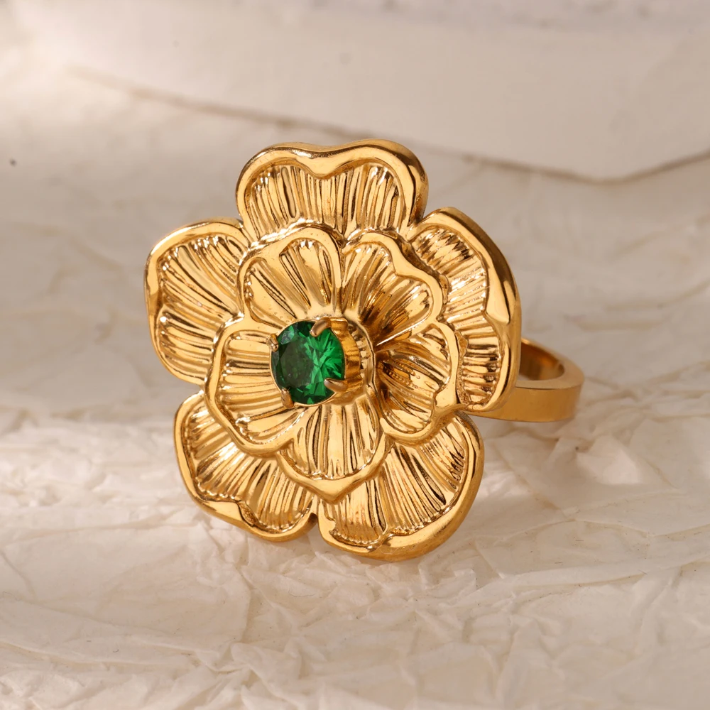 Green Zircon Flower Open Rings For Women Gold Color Stainless Steel Ring