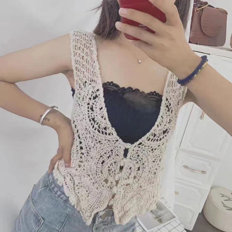 여성용 올 매치 민소매 할로우 아웃 탱크 탑, 단색 짧은 니트 조끼, 크로셰 가디건 스웨터, 여성 아우터