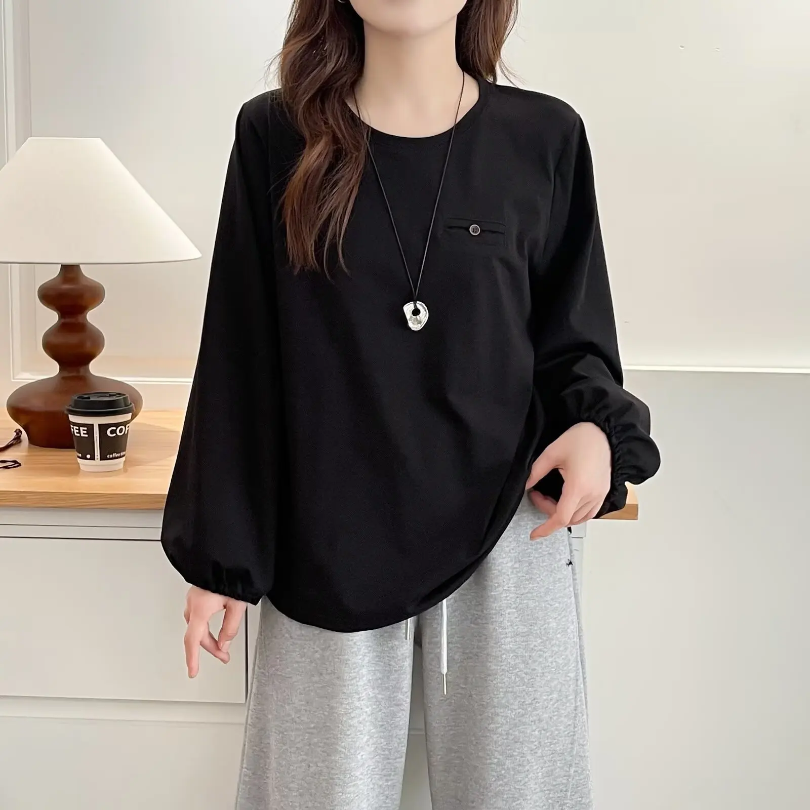 Fashion Plus Size Women's T-shirt Autumn New Style Simple And Casual round-neck Long Sleeved Top Lantern Sleeve Tees 326