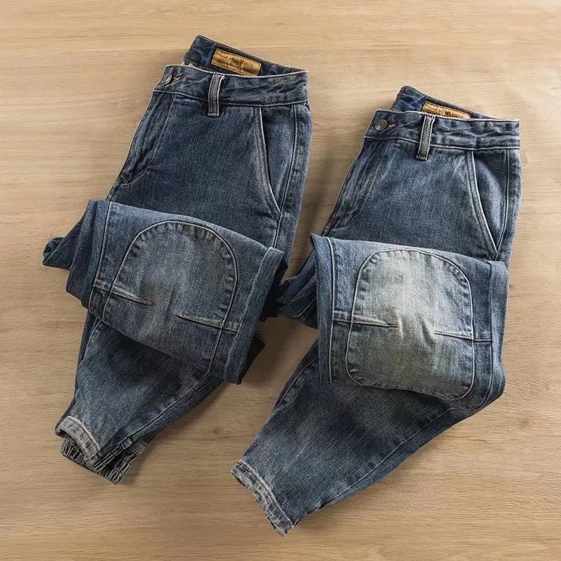 Spring Autumn 2022 Fashion Men's 3D Patch Drawstring Korean Fashion Versatile Micro Elastic Loose Casual Leggings Baggy Jeans