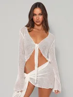 Robe de plage verte Sexy, ensemble deux pièces pour femmes, tenues transparentes, haut à manches longues et Mini jupe, ensembles assortis, automne 2025 1