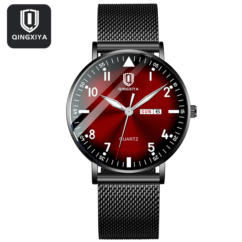 QINGXIYA Mens Fashion Watches Ultra Thin Men Business Stainless Steel Mesh Belt Quartz Watch Luminous Clock Relogio Masculino 