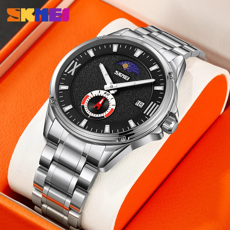 SKMEI Fashion Stainless Steel Quartz Man Watch Date Lunar Phase Casual Waterproof Men's Wristwatch Male Clock Relogio Masculino