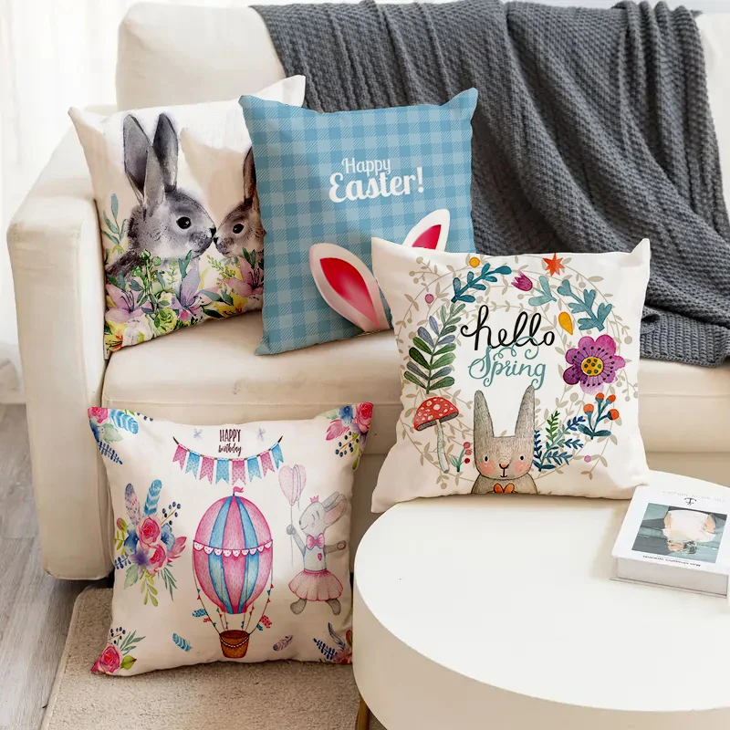

Happy Easter Spring Rabbit Balloon Printed Soft Square Pillowslip Linen Blend Cushion Cover Pillowcase Living Room Home Decor