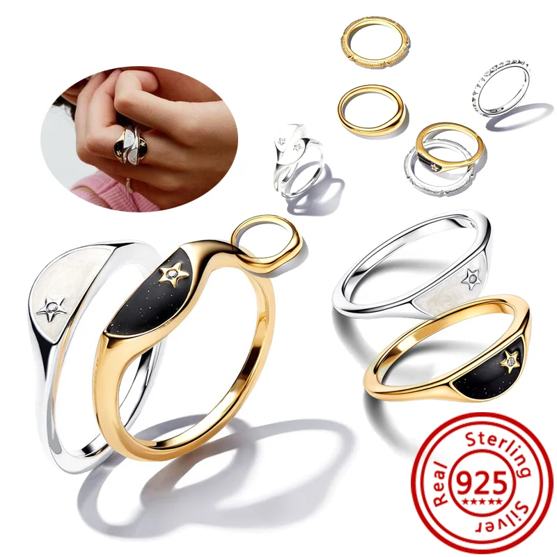 Authentic 925 Sterling Silver Moon Sun Day Night Organically Shaped Stacking Heart Pearl Sparkling CZ Pantaro Rings Fine Jewelry 3