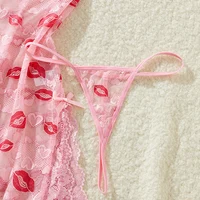 New Women's Lip Print Heart-shaped Printed See Through Pink Lace Backless Nightgown Babydolls Pajama Dress Set - Image 5