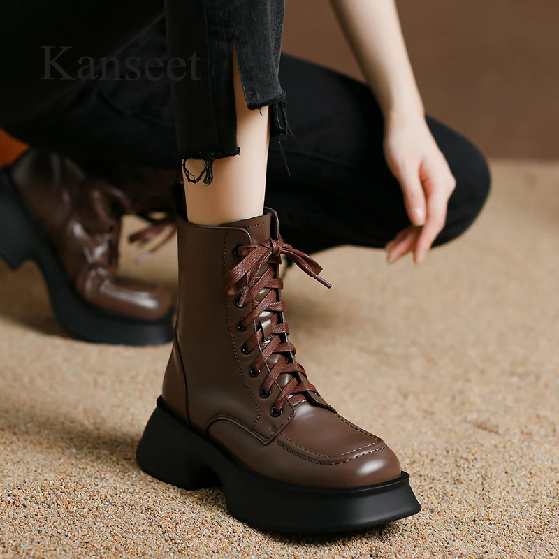 

Kanseet Women Ankle Boots Autumn Winter 2023 Lace-Up Genuine Leather Platform Shoes Zipper Thick Mid Heel Ladies Short Boots New