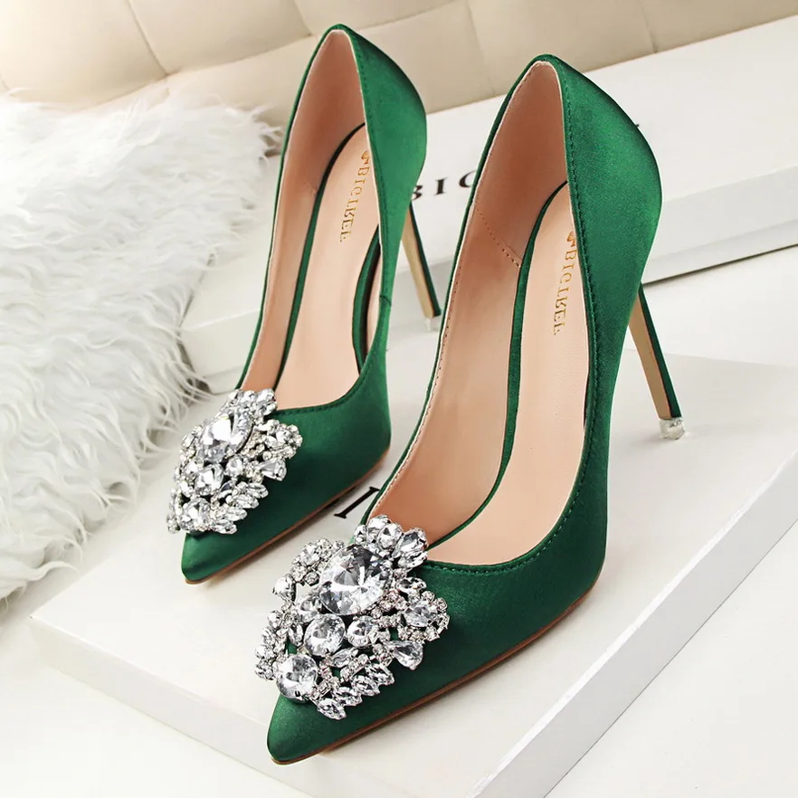 

BIGTREE New 2023 Spring Autumn Women Pumps Elegant Rhinestone Silk Satin High Heels Shoes Sexy Thin Pointed Single Shoes 7 Color