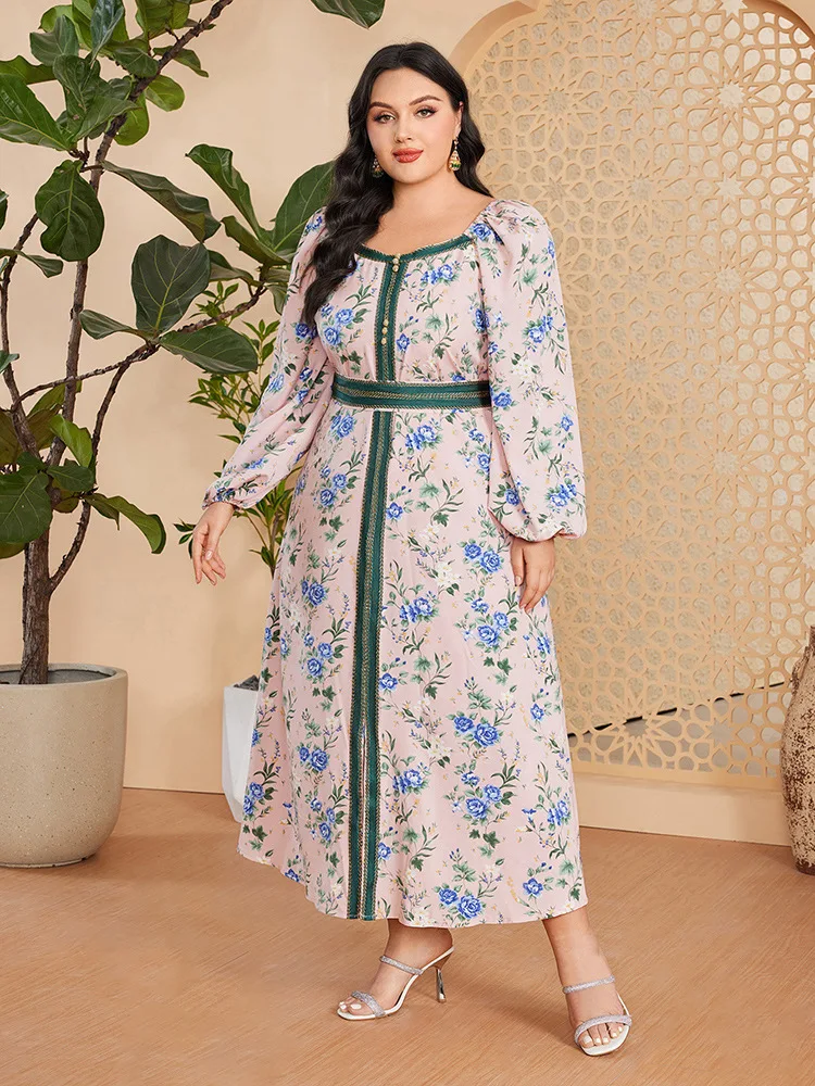 

2024 Moroccan Kaftan Muslim Dubai Abaya Turkey Islamic Dress Large Oversized Fashion Elegant Floral Print Ramadan Maxi Dress 4XL