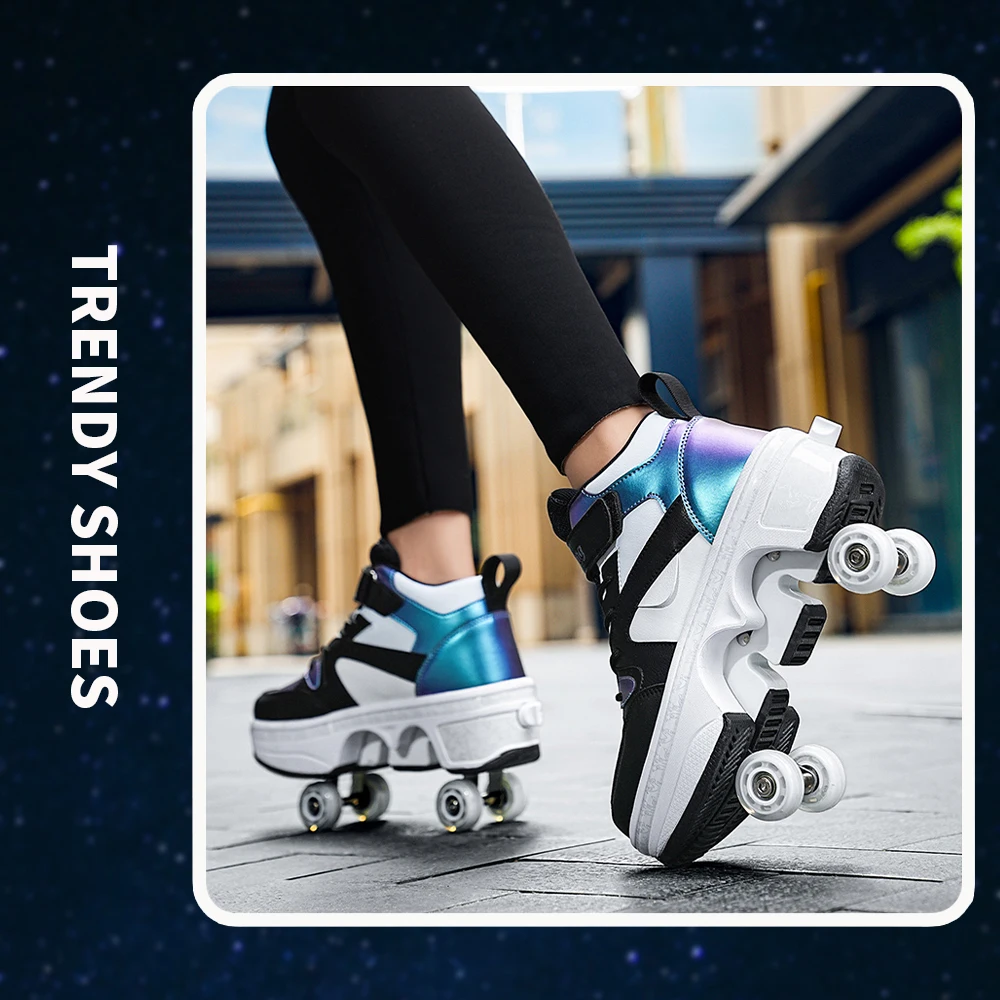 Unisex Dual-Purpose Pop-Up Sneakers with Wheels High Top 4-Wheel Speed Roller Casual Skating Shoes for Women