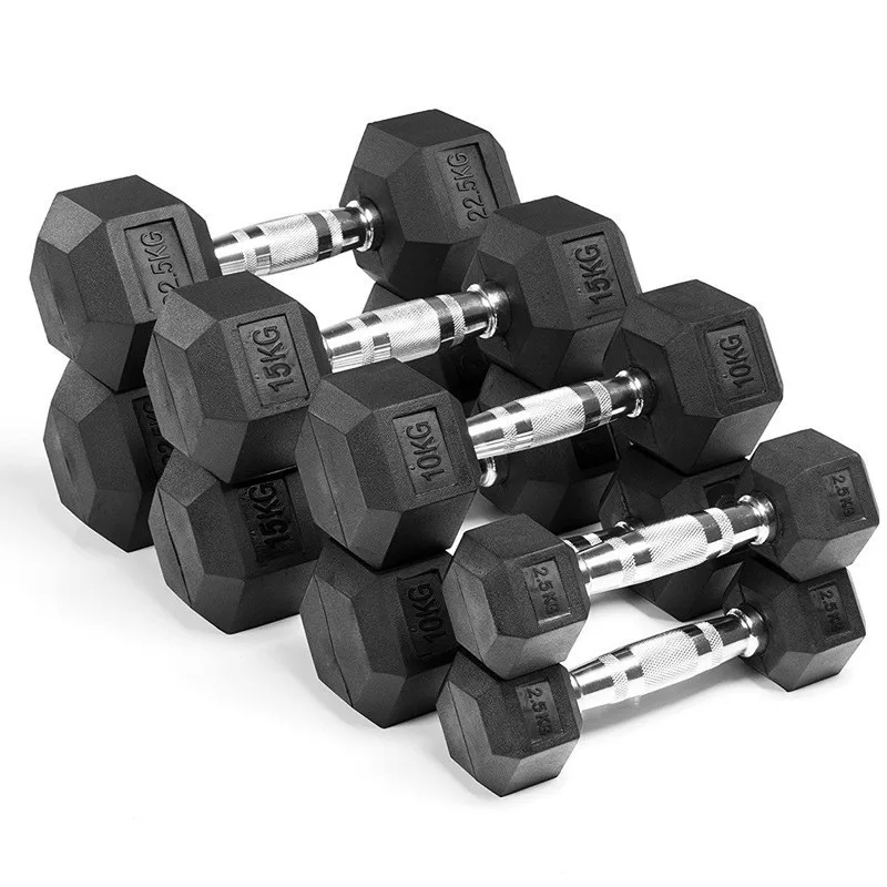 Gym Commercial Full Set Of Solid Iron Steel Safety Non-Slip Handle Hexagonal Rubber-Coated Dumbbells