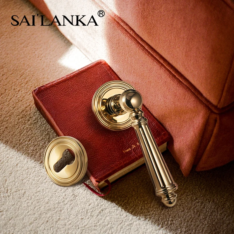SAILANKA Brass Furniture Door Handle Lock Set French Retro Bright Gold Handles Modern Furniture Bedroom Door Lock Hardware