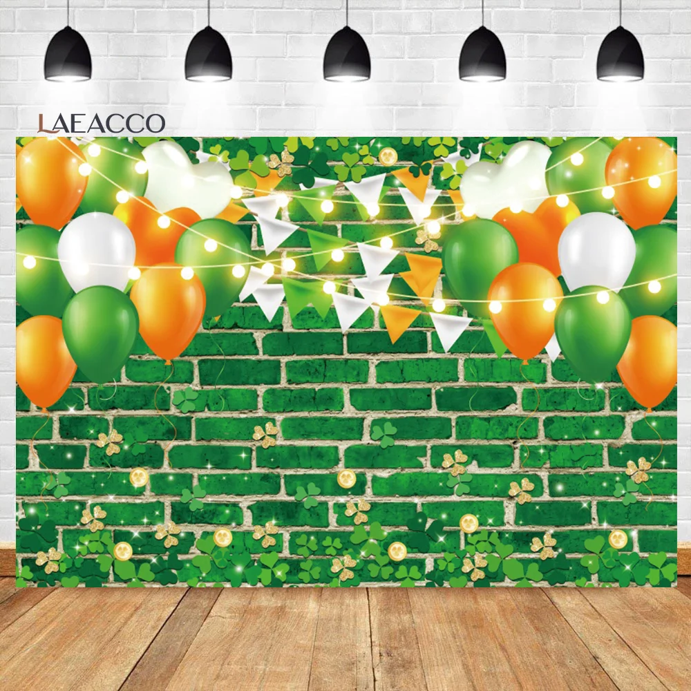 

Laeacco Happy St. Patrick's Day Photography Backdrop Green Brick Wall Balloons Lucky Shamrocks Kids Portrait Photo Background