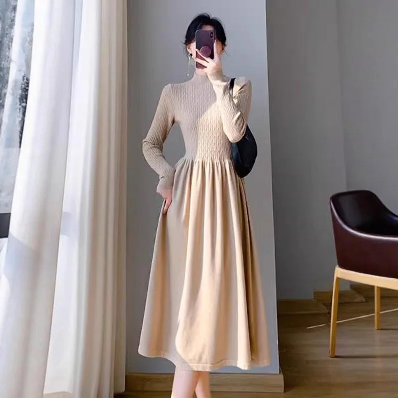 Women Summer Party Dress Long Sleeve Pleated Knee Length