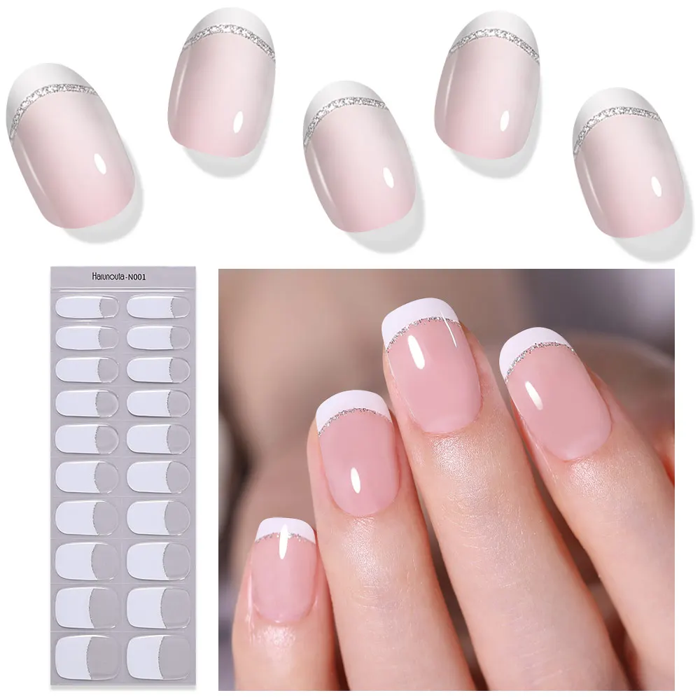 16/20Tips Semi-Cured Nail Wraps Solid Color Adhesive Waterproof Long Lasting Gel Nails Stickers Set for UV Lamp Need Manicure 4