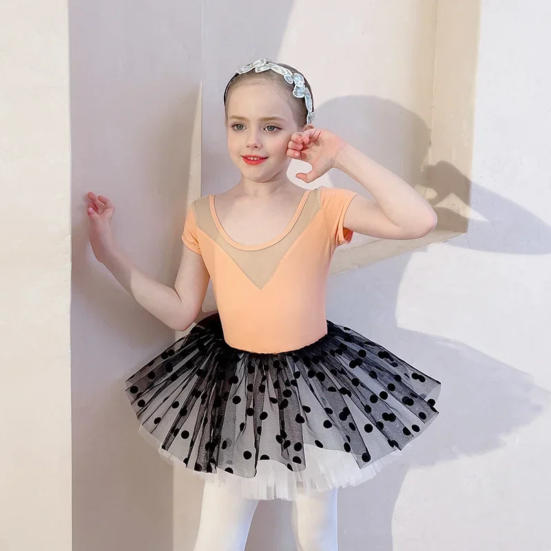 Black Dots Girls Training Skirt Children's Dance Clothes Grading Split Ballet Dress Kids Leotard For Gymnastics Long Sleeve Soft