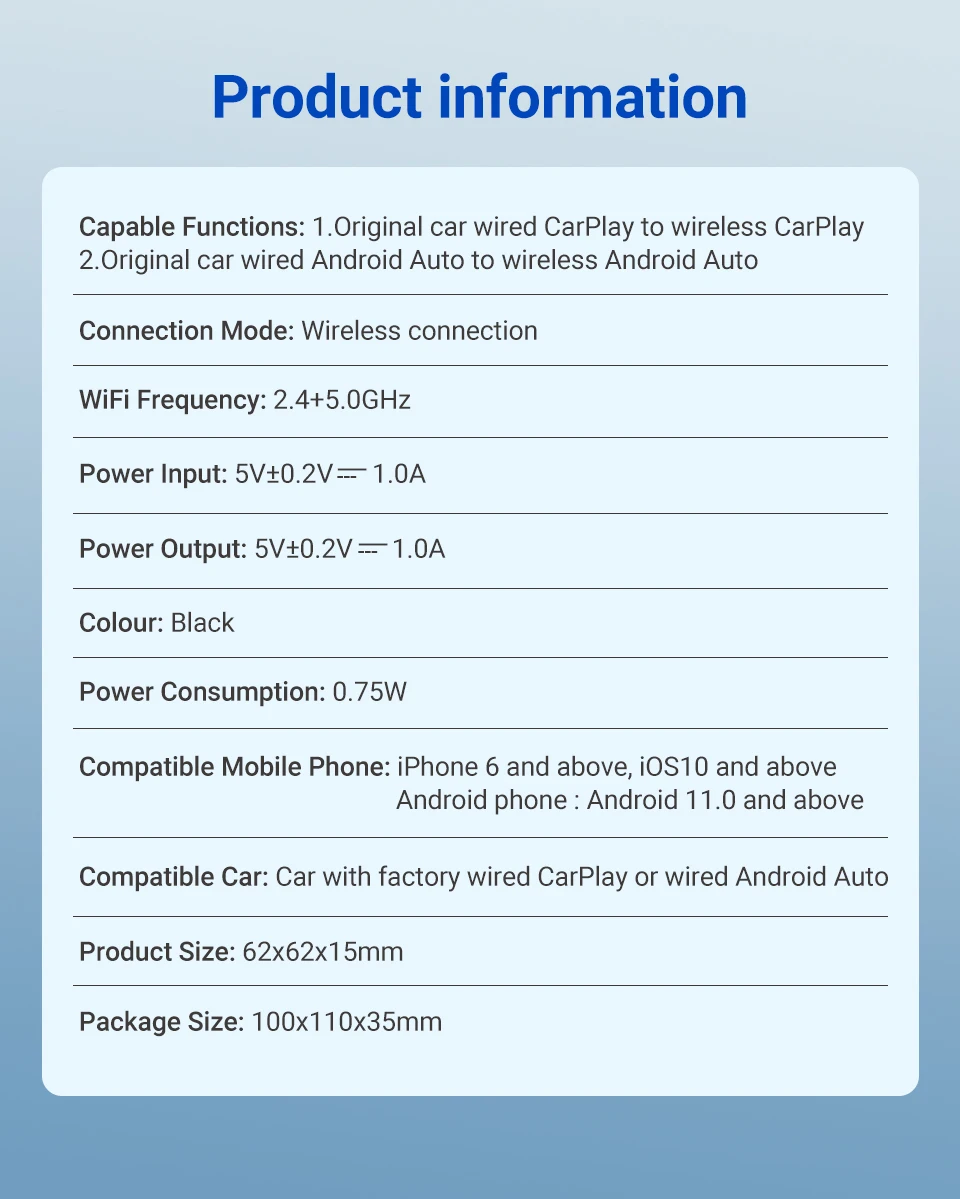 Verdrahtet an drahtlosen Adapter Android Auto Carplay Apple Auto Spiel zubehör iPhone Android Phone Ai Box 5,0 – Detail 15