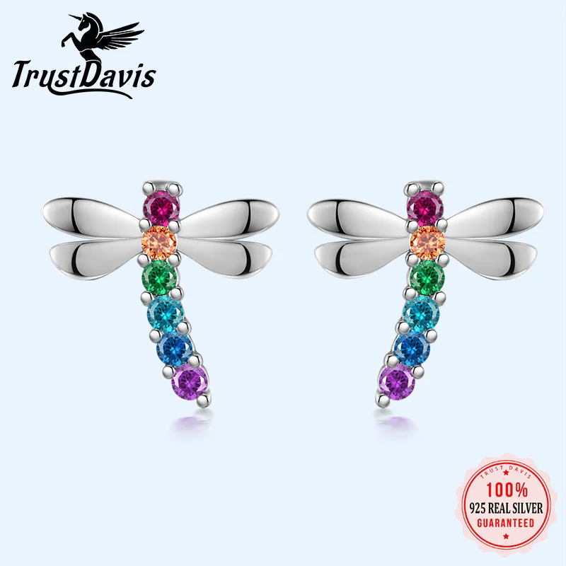 TrustDavis Real 925 Sterling Silver Cute Insect Dragonfly CZ Screw Stud Earrings For Teen Girls Daughter Birthday Jewelry DF268