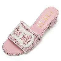 CH middle heel square heel slippers fabric fashion casual shoes luxury brand slippers girls street commuter slippers - Image 4