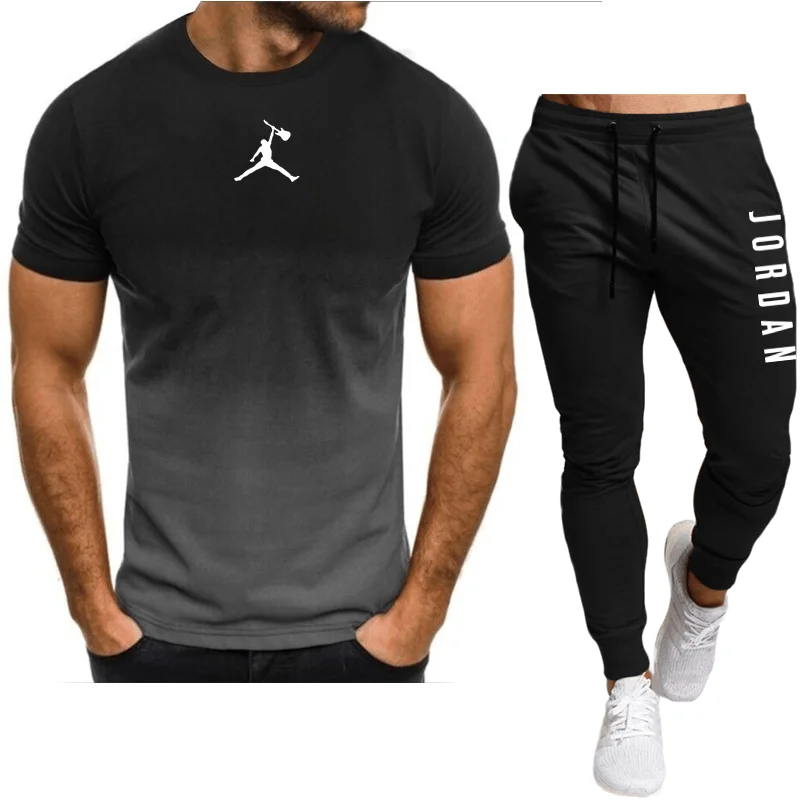 Summer sportswear set, 3D short sleeved T-shirt, long pants, lightweight, casual and fashionable men's clothing, sports and jogg