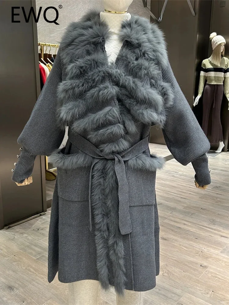 

EWQ High Quality Elegant Women's Faux Fur Design Burr Patchwork Bandage High Waist Windbreasts Winter Spring 2024 New 27SN4745