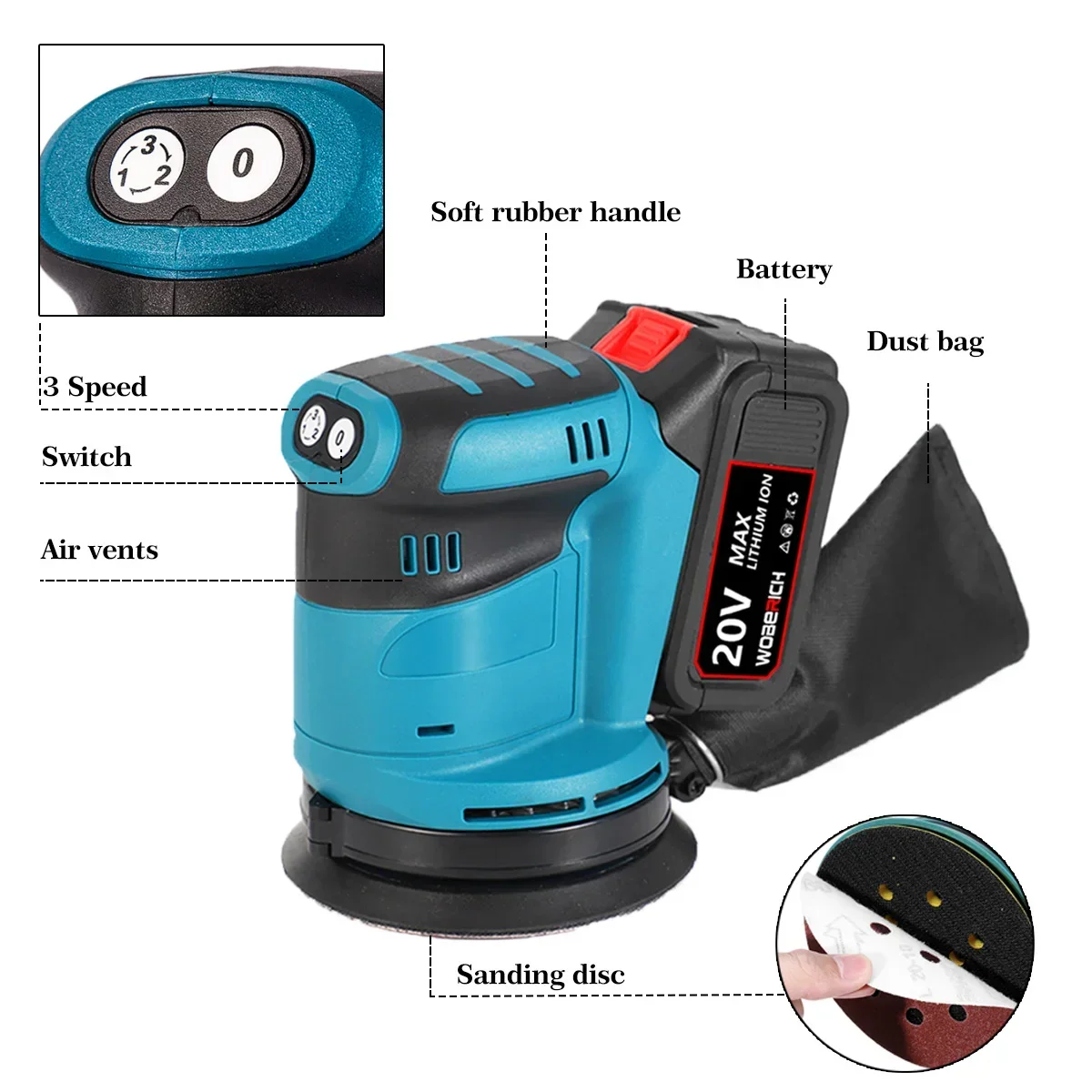Electric Sander 3 Speed 125mm Sandpaper Wood Grinder Polishing Machine Sander Random Orbit For Makita 18V Battery
