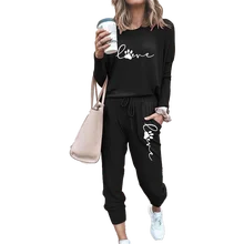 

2022 Women's Cute Personali Printed Casual Sports Suit Long Sleeve Round Neck Pullover + Long Pants 2-Piece Set S-2XL, 7 Colors.