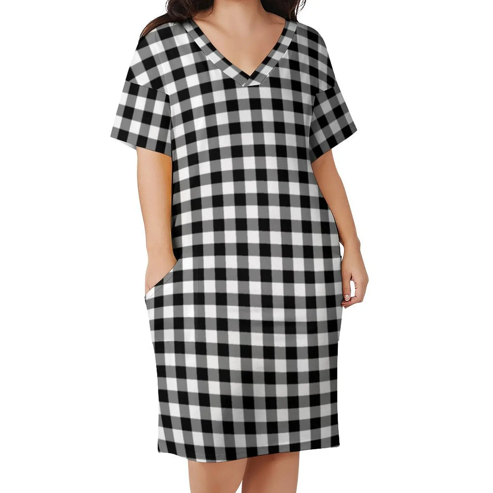 

Black And White Plaid Casual Dress Womens Gingham Checks Modern Dresses Summer V Neck Streetwear Graphic Dress Large Size