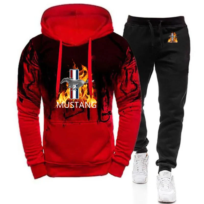 Mustang Printing Spring Autumn Design New Set Man's Gradient Hoodies Casual Sweatpant Sets Pullover Sport Suits Hip Hop Suit