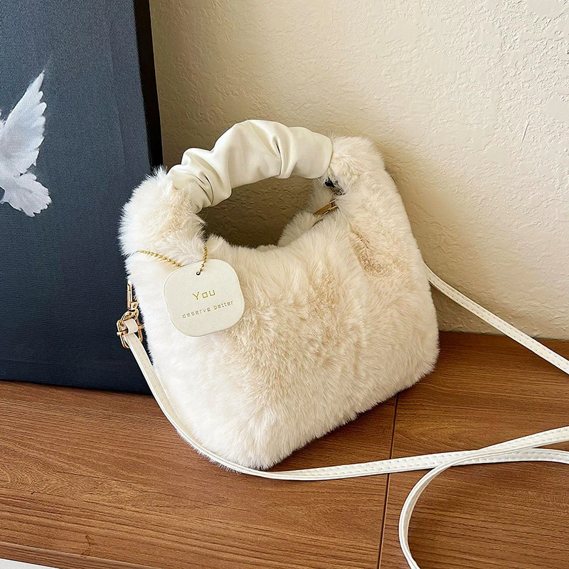 Luxury Designer Winter Plush Shoulder Bag for Women Soft Ladies Clutch Purse Cute Fashion Party Underarm Handbag