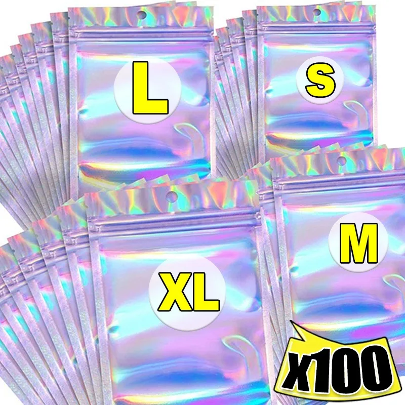 Rainbow self sealing bags 100/10Pcs laser film pouches for food storage party favors snacks candies jewelry waterproof