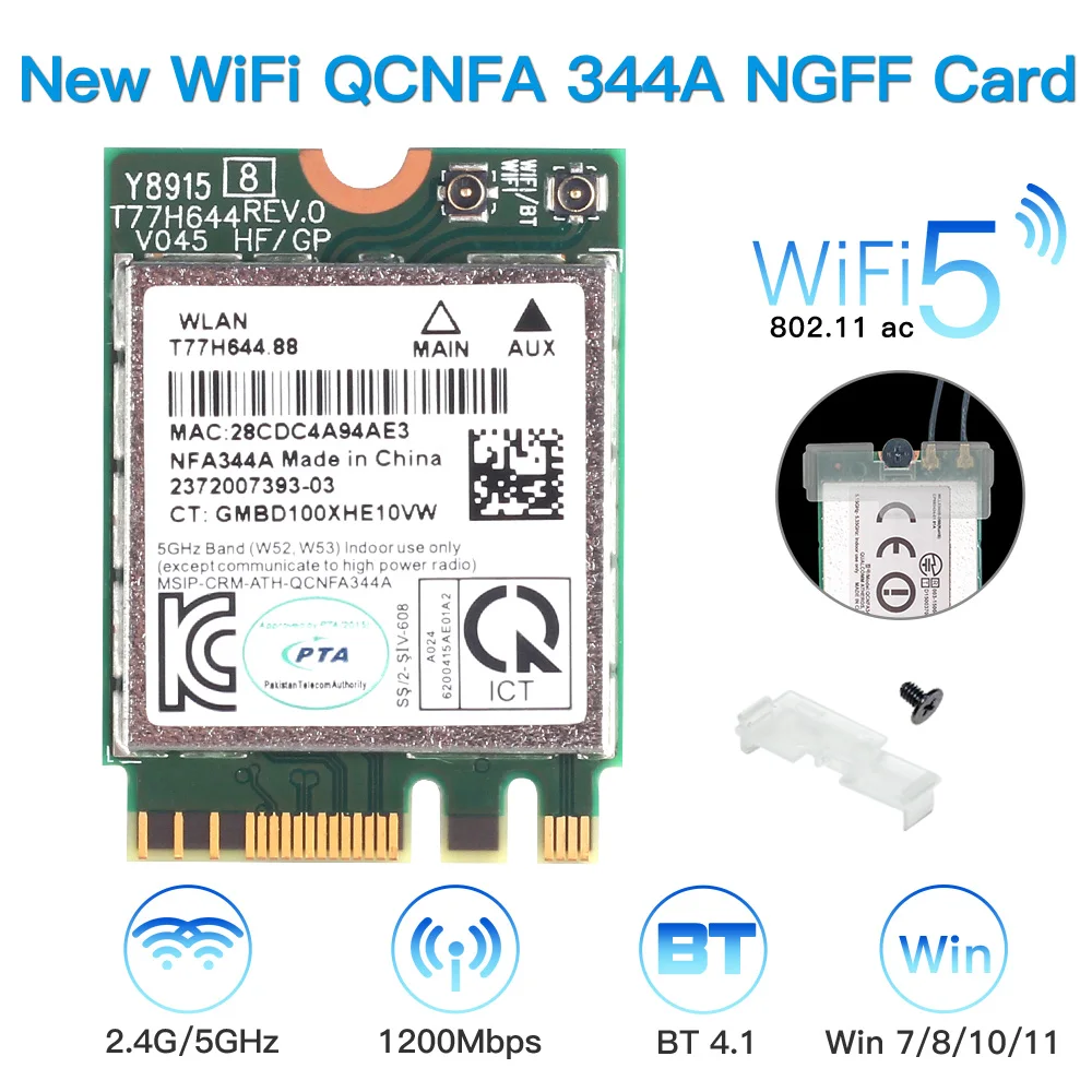 Dual Band QCNFA344A 867Mbps 802.11AC For Bluetooth 4.1 WLAN Wireless WiFi Card Qualcomm Atheros QCNFA344A  Wi-Fi NGFF M.2 Card