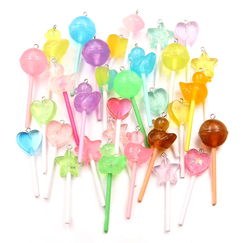 Resin Charms for Jewelry Making 10Pcs Mix Color Size Bling Glitter Heart Round Duck Star Lollipop Resin Charms For Earring Kawaii 3D Keychain