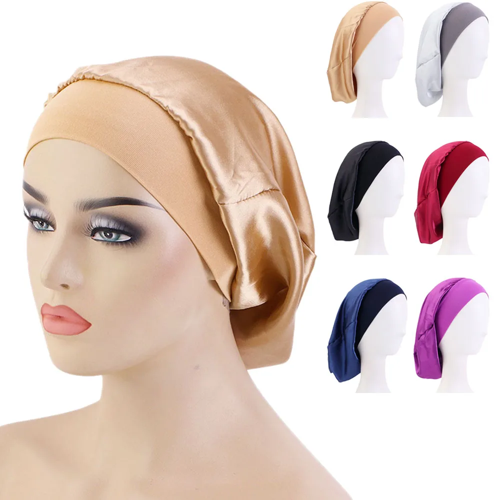 

Women Sleeping Night Caps Satin Solid Color Stretch Bonnets Hair Care Hat Beauty Elastic Wide Band Turban Chemo Accessory
