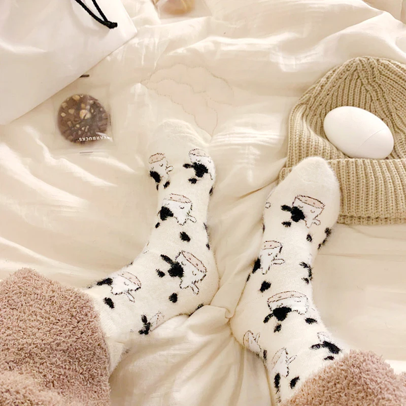 

Cow Spotted Socks Autumn And Winter Soft Fluffy Imitation Mink Velvet Socks Cartoon Plush Warm Home Sleeping Socks