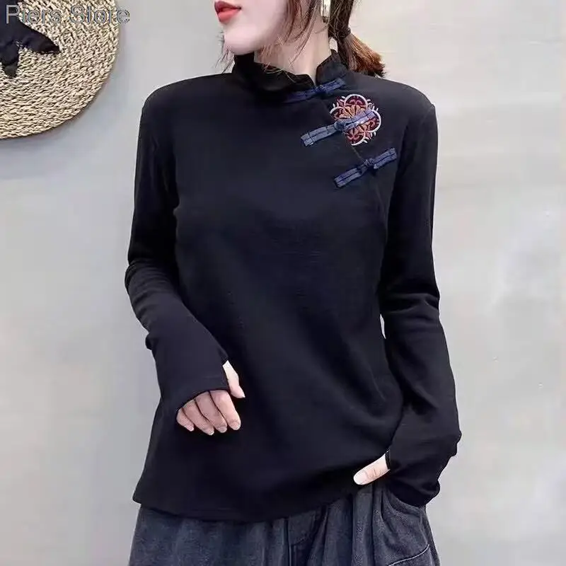 Women Chinese Shirts Long Sleeves Casual Tops Cheongsam Button Cotton