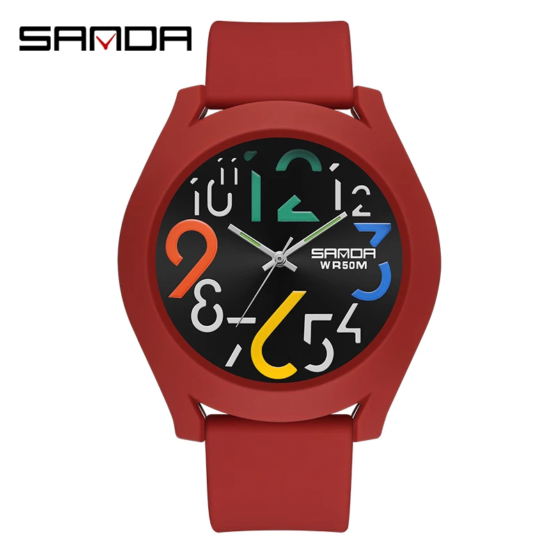 SANDA Quartz Men Watch Fashion Mens Luxury Personality Clock Waterproof Wear Resistant Red Silicone Strap Sports Watches Reloj