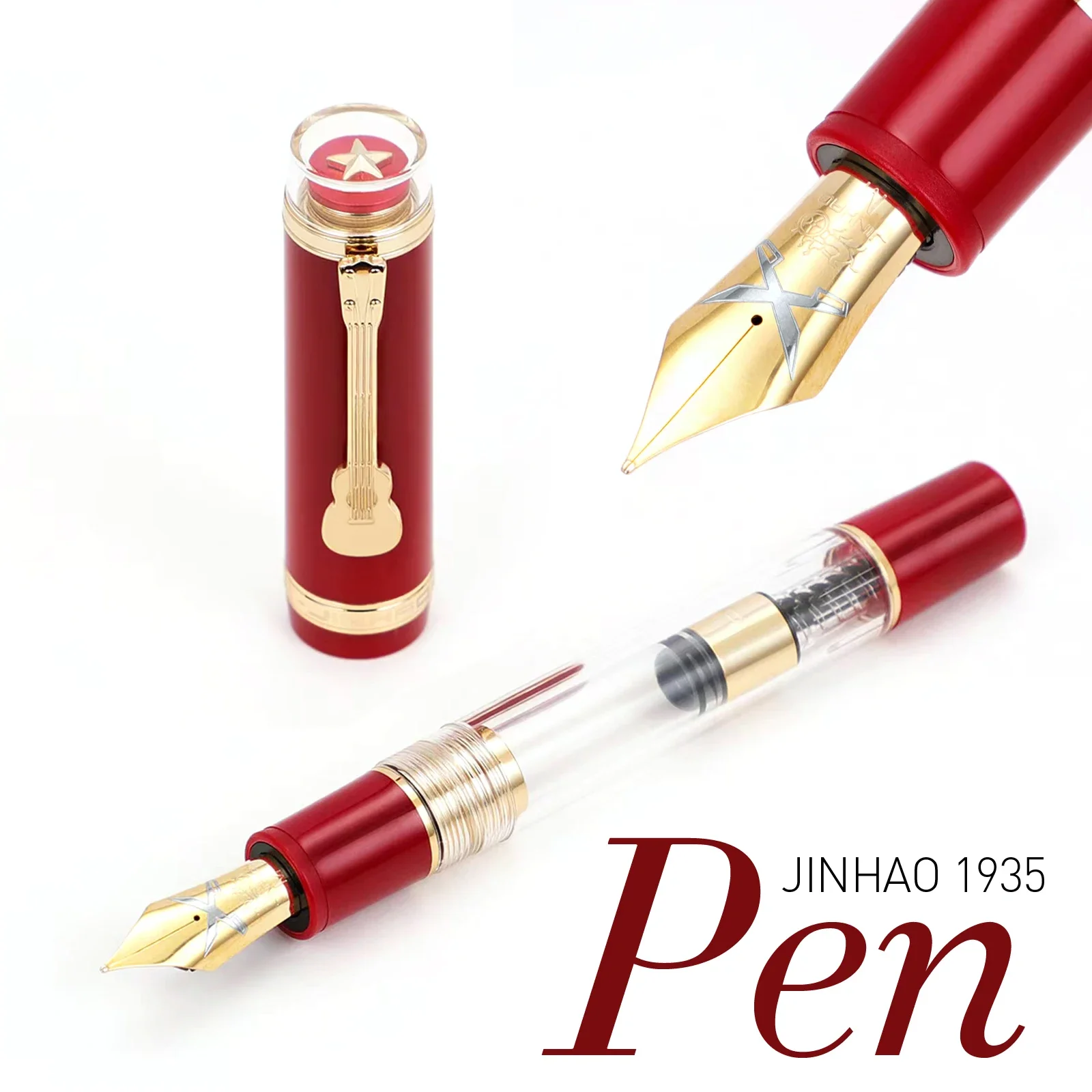 JINHAO 1935 TIANDAO 만년필, 고급 기타 클립, F/M 펜촉, 투명 빨간색 쓰기 잉크 펜, 사무실 학교 용품 문구