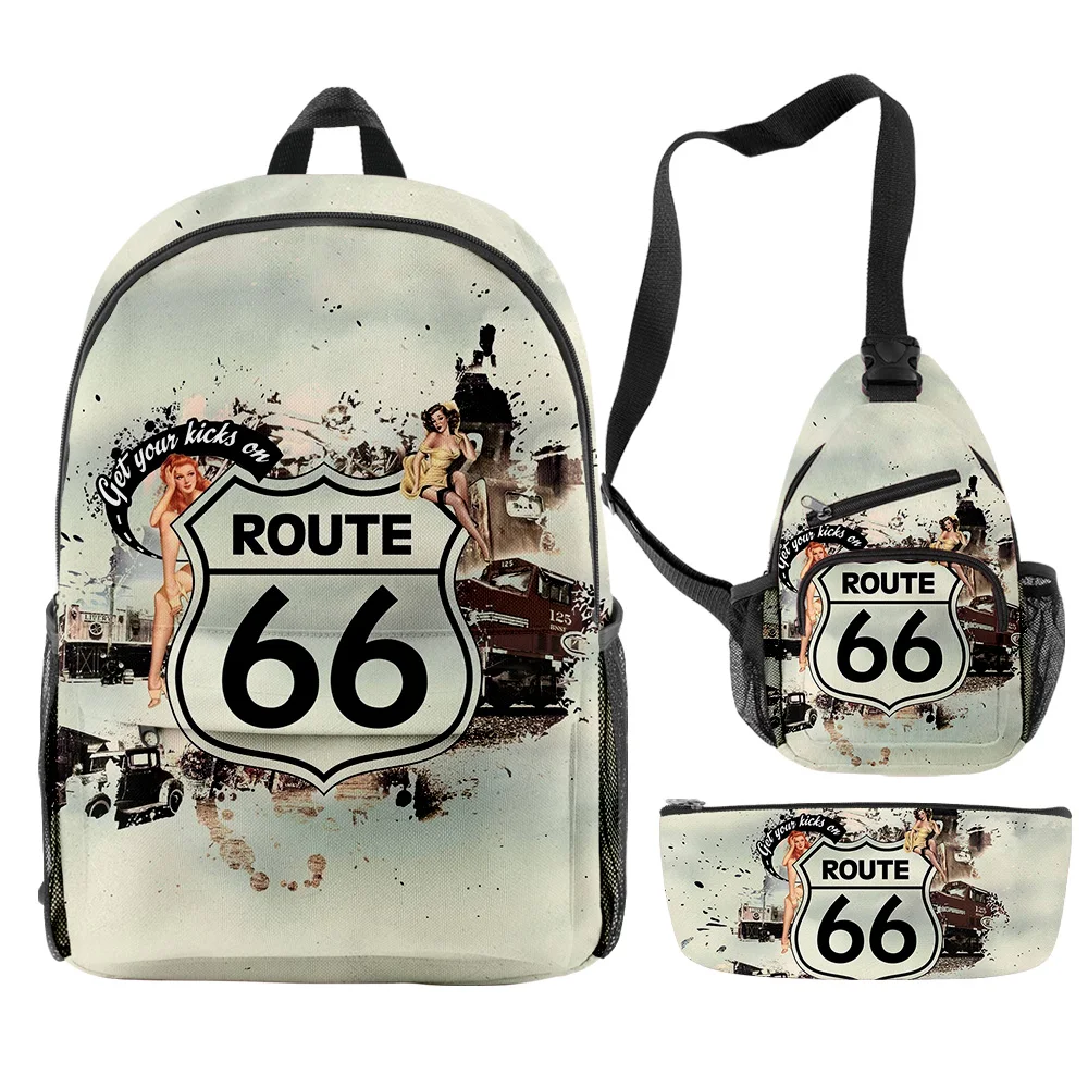 Popular Fashion Funny route 66 3D Print 3pcs/Set pupil School Bags Trendy Travel Laptop Backpack Chest Bag Pencil Case