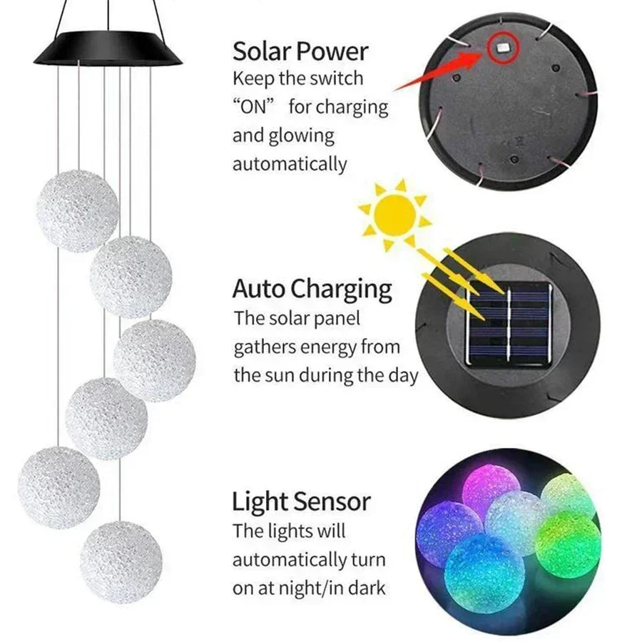 Outdoor Crystal Ball Santa Wind Chimes Solar Powered Garden Wind Chimes Waterproof Decoration for Garden Patio Hanging Lights