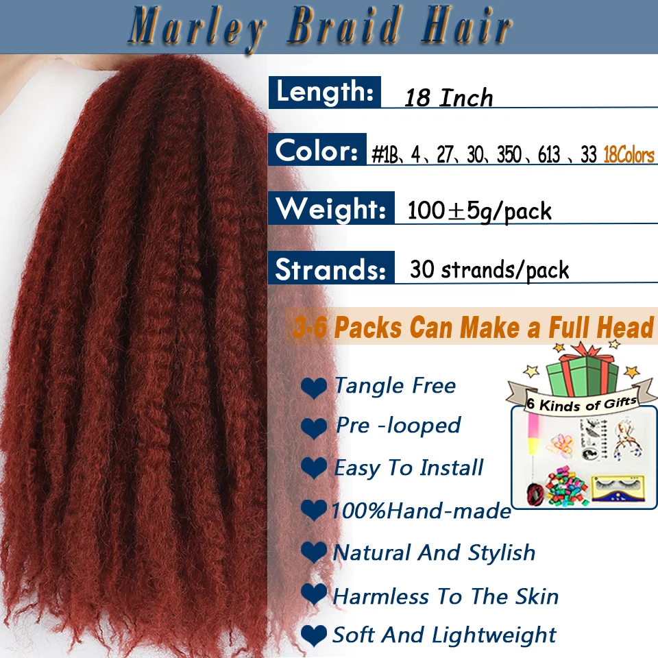 Marley Twist Braiding Hair Pre Stretched 1- 6 Packs Ombre Afro Kinky Curly Crochet Hair for Faux Locs Jumbo Marley Twists Hair 2