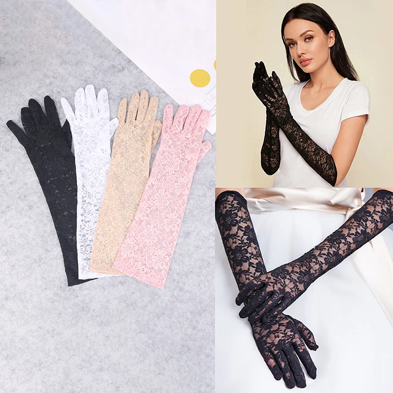 

1Pair Ladies Sexy Transparent Mesh Floral Elastic Bride Long-sleeve Lace Gloves Gothic Punk Mittens Cosplay Fancy Dress Gloves