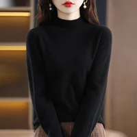 2024 Autumn/Winter New Half High Collar Woolen Sweater Women’s Elegant Black Knitted Base Sweater Long Sleeve Hooded Sweater