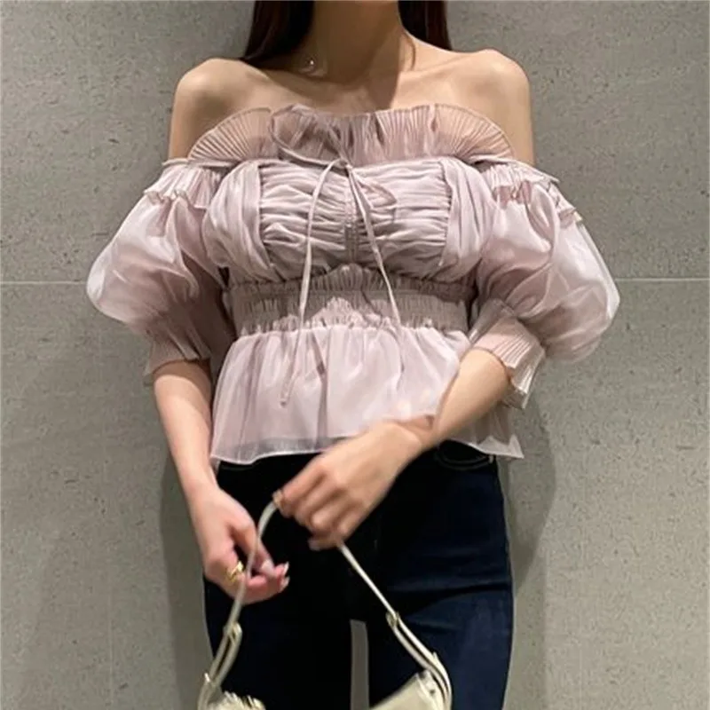 Spring Sweet Sweet Slash Neck Puff Sleeve Elegant Blouses Off Shoulder Mesh Lace Up Shirt Japan New Moda All-match Casual Blusas
