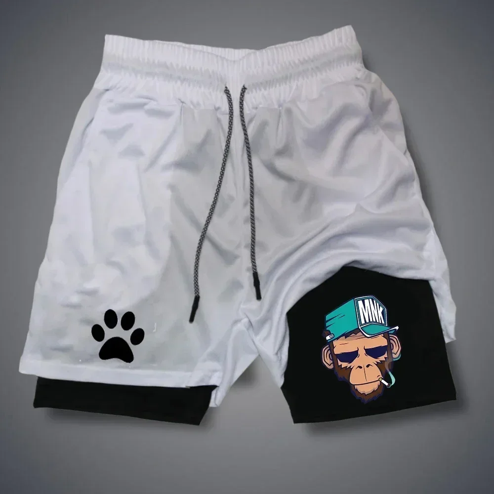 Men Gym Casual Shorts 2 in 1 Performance Shorts Monkey Print Quick Dry Double-deck Running Workout Fitness Jogging Short Pants