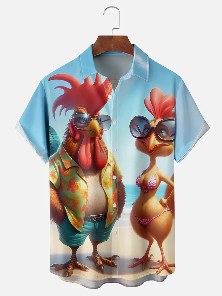 Summer Men's Short Sleeve Shirt Cartoon Chicken Print Men's Hawaiian Short Sleeve Shirt Seaside Fashion Men's Casual Shirt 6
