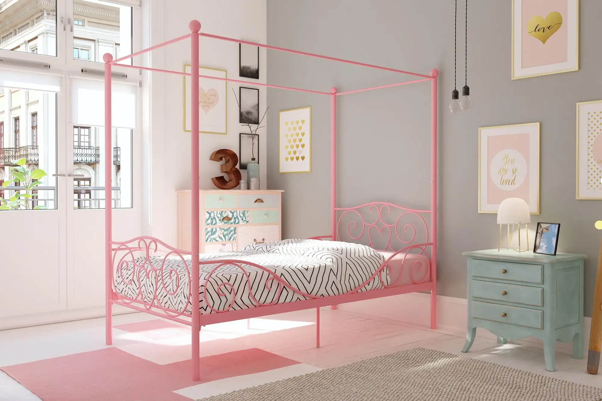 Металлическая кровать с навесом, двойная, розовая