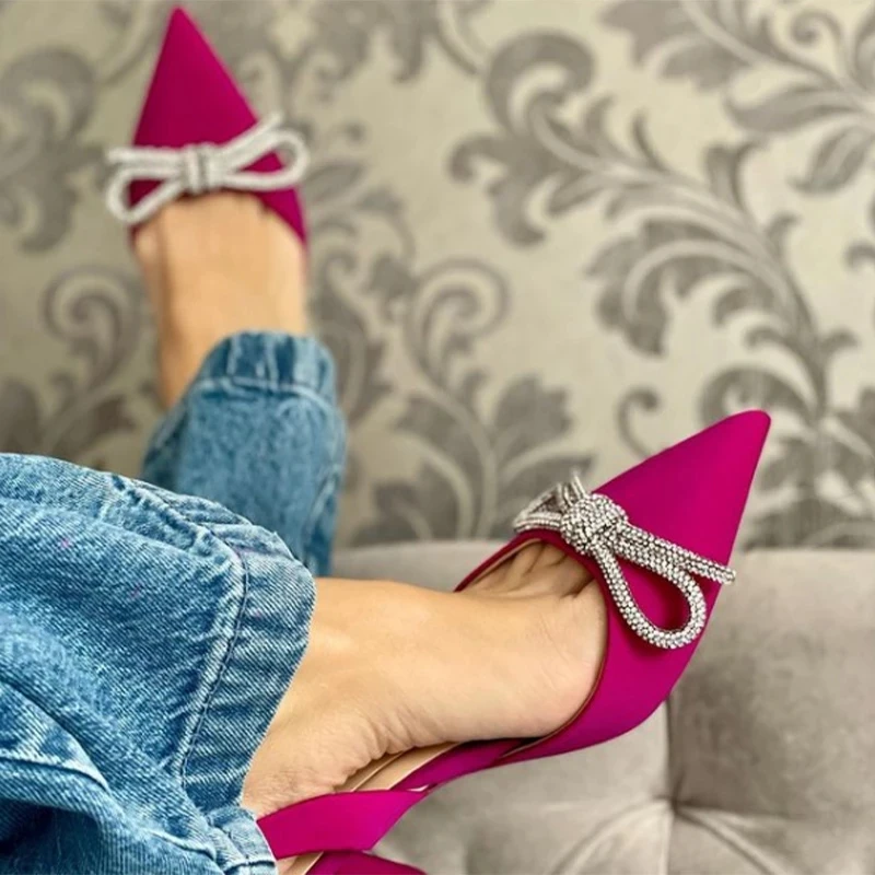 New 2022 Women's High-heels Shoes Bow Rhinestone Fashion Woman Pumps Rose Red Pointed Toe Sexy Sandals Ladies Stiletto Mules