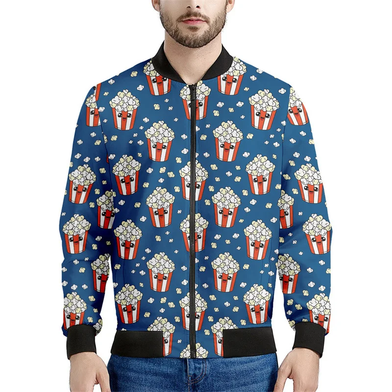 thumbnail image 1 of Chaqueta con cremallera y estampado de palomitas de maíz de dibujos animados para hombre, abrigo con estampado 3D de comida bonita, chaquetas holgadas para primavera y otoño, ropa de calle de manga la, 1 of 4